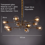 Smoky Gray Transparent Glass Chandelier Height Adjustable E27 LED Bulb Gold Metal Lighting Fixtures For Home Foyer Dinning Room - Image 9